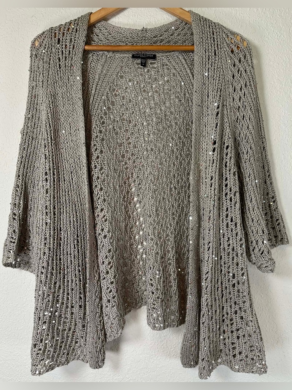 Eileen Fisher Open Knit Sequin Cardigan - Taupe Gray
